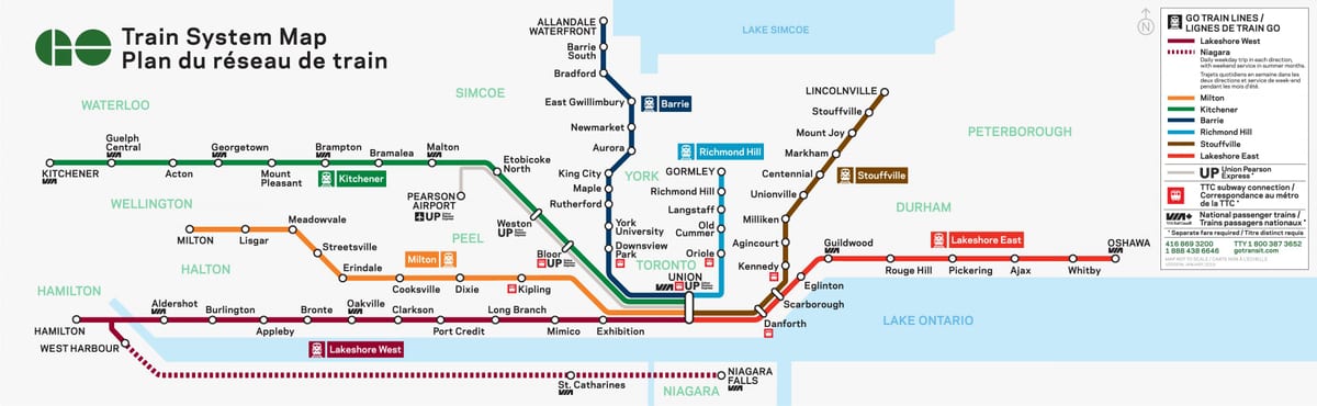 トロントに行く電車の地図